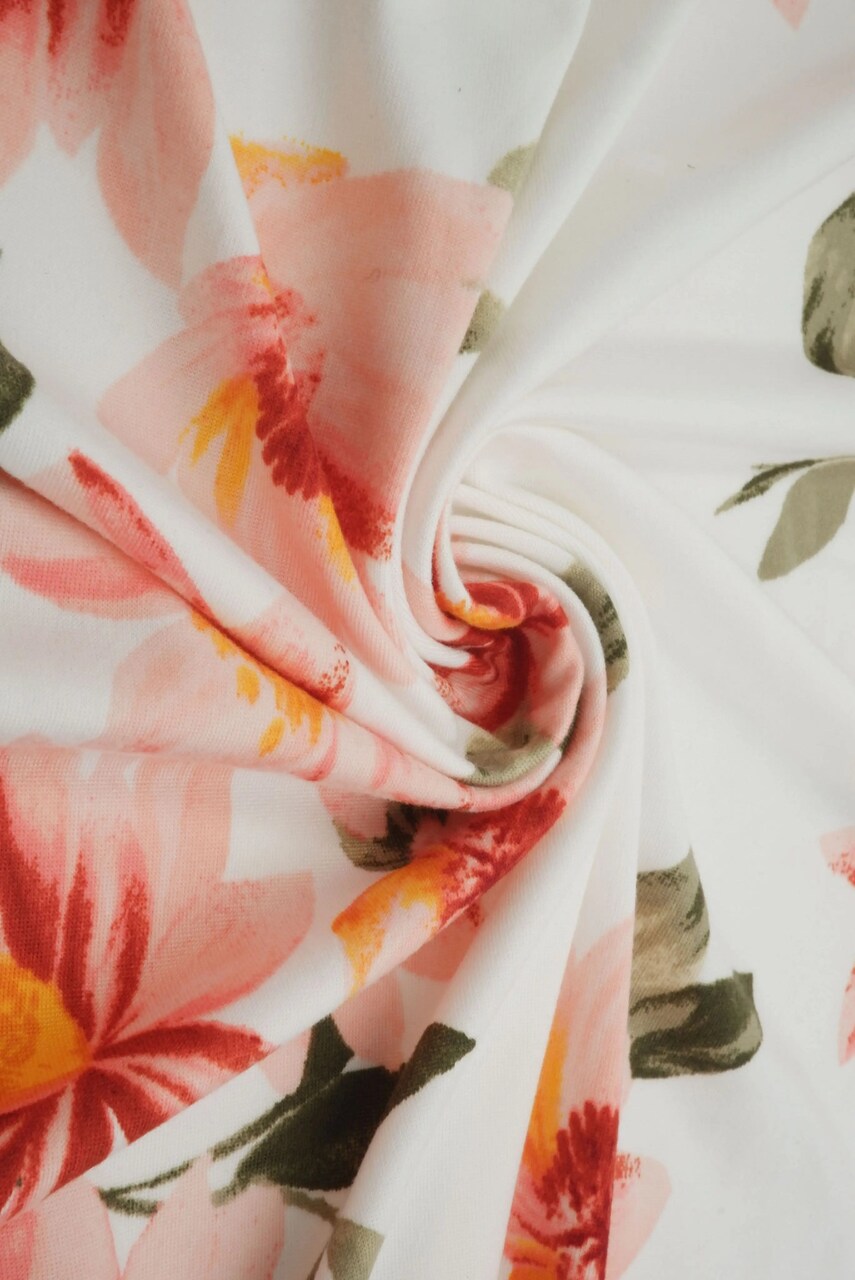 1 Yard Ivory & Coral DTY Brushed Floral Print Stretch Knit Fabric 96% Polyester and 4% Spandex 58/60" Width